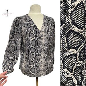 REBECCA TAYLOR Silk Python Snake Animal Print V Neck Top Blouse 3/4 Sleeve 4 S M
